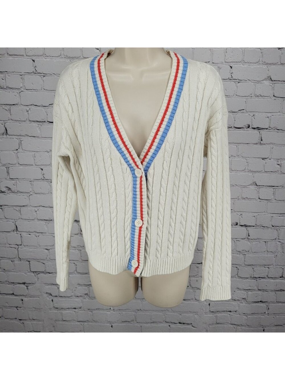 Prince Pickleball Ivory Striped Buttoned Long Sleeve Cardigan Sweater Medium M